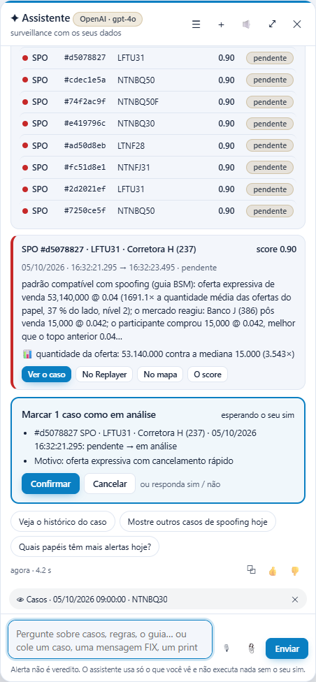 O cartão de confirmação de uma ação no chat: o caso a pôr em análise, com o que vai acontecer e os botões Confirmar e Cancelar
